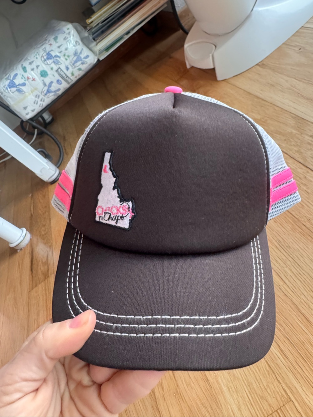 Idaho Chicks and Chaps Trucker Hat - Brown with Pink Accents